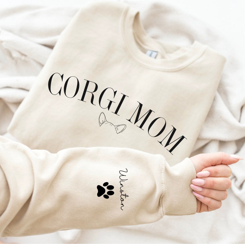 Custom Dog Ears Sweatshirt - Personalized Corgi Shirt for Dog Moms, Add Your Pet's Name to the Sleeve, Unique Dog Lover Gift, cute puppy tee