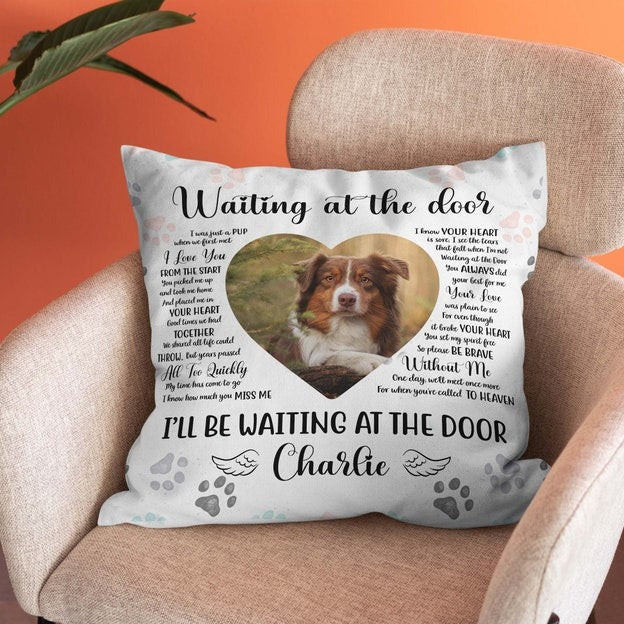 Waiting At The Door Upload Photo - Personalized Pillow - Suede Pillow Gift For Dog Lovers, Memorial Customizeable Pillow, Throw Pillows, Loss Of Dog Gifts, Pet Sympathy Gifts For Dogs, Home Decor Livi