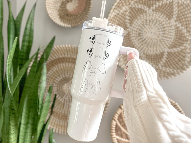 Custom Dog Ears 40oz Tumbler with Handle - Unique Pet Owner Gift, Personalized Dog Lover Cup, Cute Dog Name Engraved Gift, Mom Mother's Day