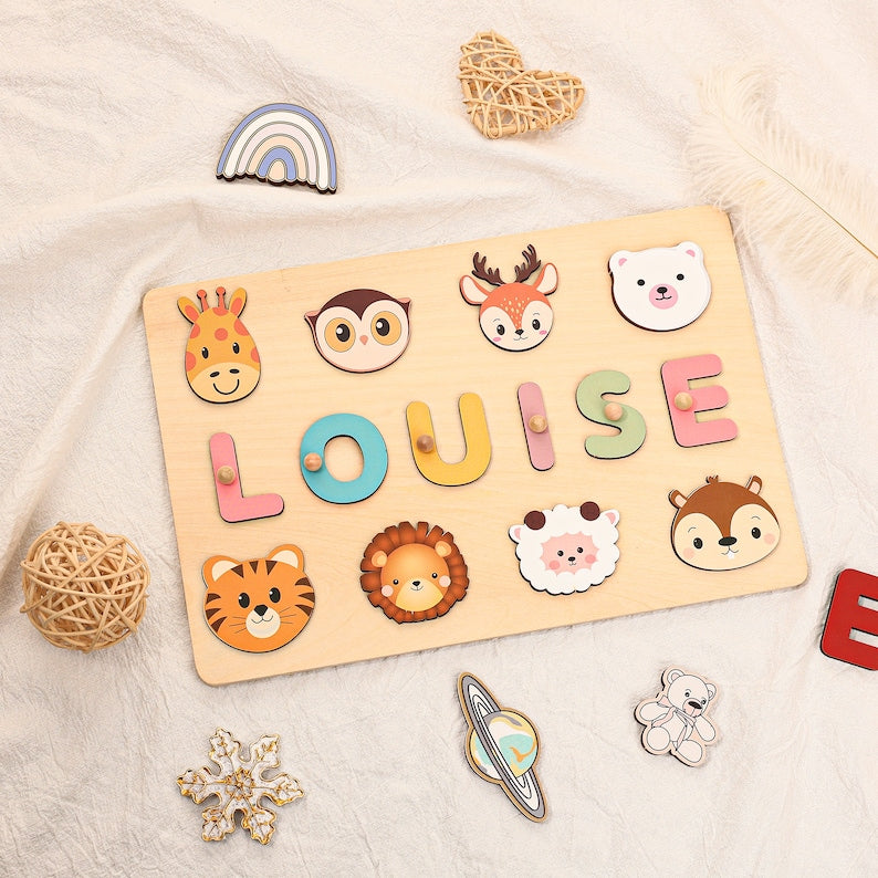 Animals Personalized Busy Board Puzzles for Learning and Play,Custom Wooden Baby Name Puzzle,Montessori Toddler Toys,Baby Boys Girls Gifts