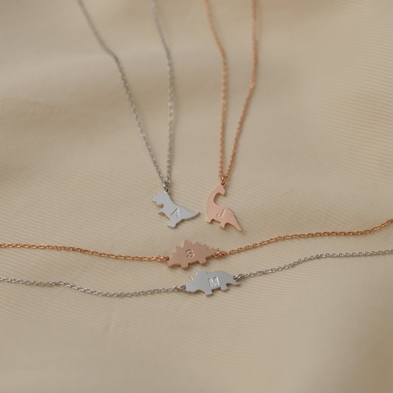 Personalized Dinosaur Necklace with Engraved Initial Unique Dino Jewelry Dinosaur Lover Gift Mama Necklace Birthday Gift For Girls