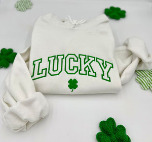 Embroidered St. Patricks Day Sweatshirt-Hoodies, Lucky Unisex Crewneck, Shamrock-Irish Sweatshirt, St Pattys, Simple Holiday Sweater, Gift