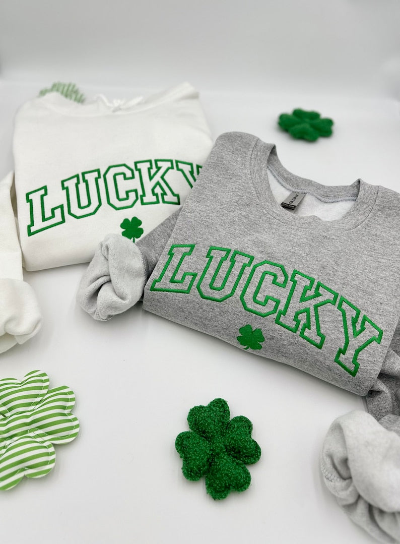 Embroidered St. Patricks Day Sweatshirt-Hoodies, Lucky Unisex Crewneck, Shamrock-Irish Sweatshirt, St Pattys, Simple Holiday Sweater, Gift