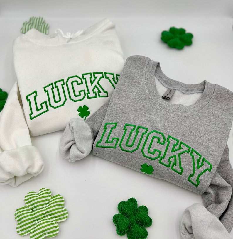 Embroidered St. Patricks Day Sweatshirt-Hoodies, Lucky Unisex Crewneck, Shamrock-Irish Sweatshirt, St Pattys, Simple Holiday Sweater, Gift