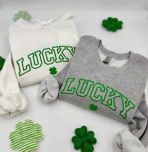 Embroidered St. Patricks Day Sweatshirt-Hoodies, Lucky Unisex Crewneck, Shamrock-Irish Sweatshirt, St Pattys, Simple Holiday Sweater, Gift