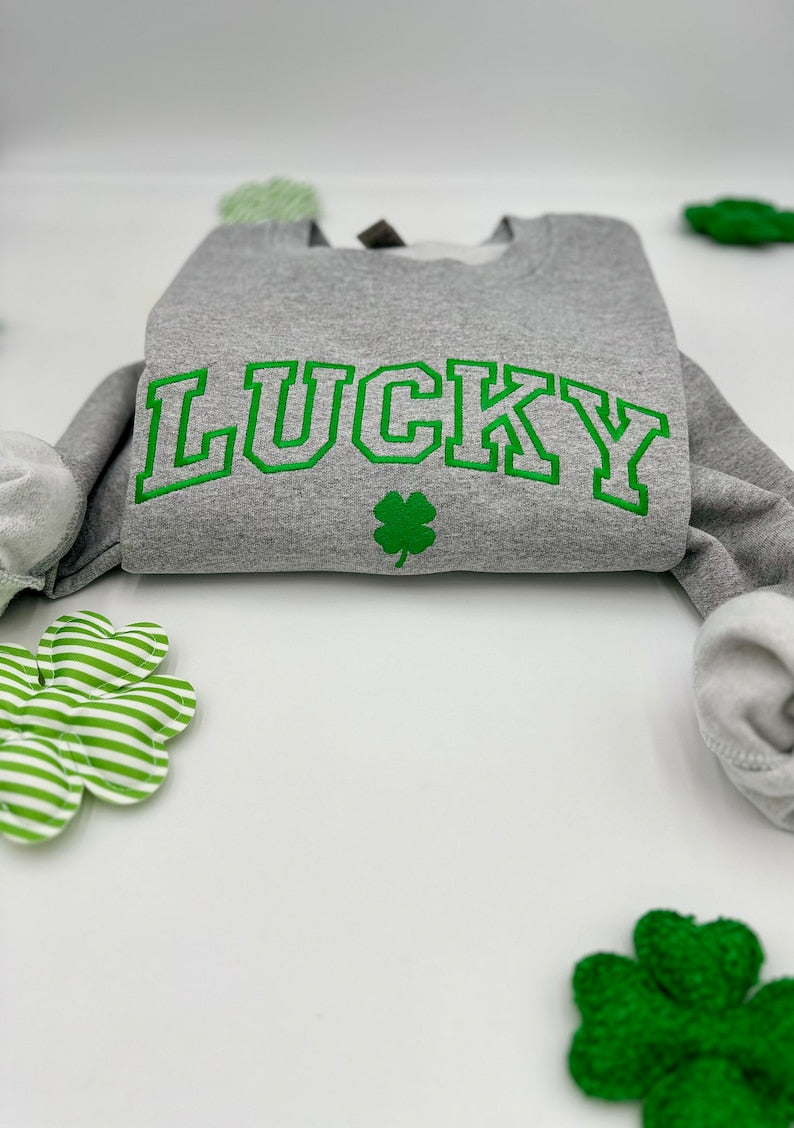Embroidered St. Patricks Day Sweatshirt-Hoodies, Lucky Unisex Crewneck, Shamrock-Irish Sweatshirt, St Pattys, Simple Holiday Sweater, Gift