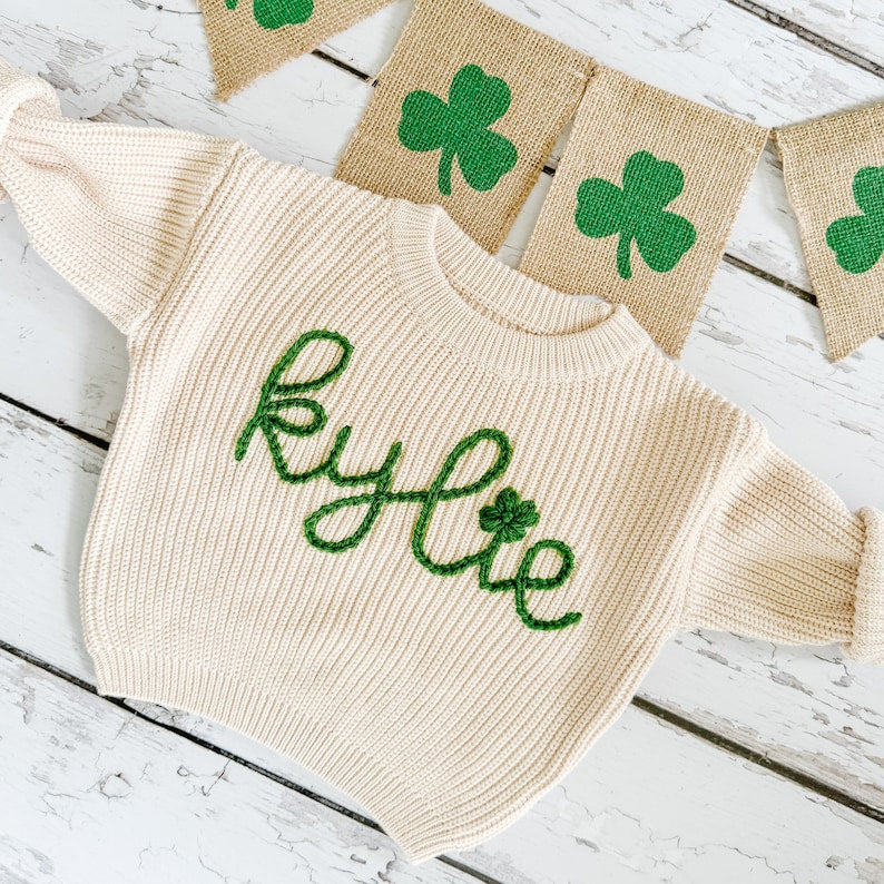 Lucky Baby Name Sweater Hand Embroidered Toddler Pullover Personalized Gift