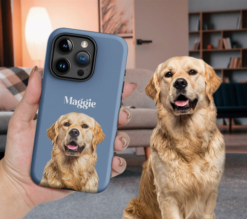 Pet Phone Case with Custom Photo Personalized Dog Cat Name Portrait iPhone Illustration Case Pet Loss Sympathy Gift