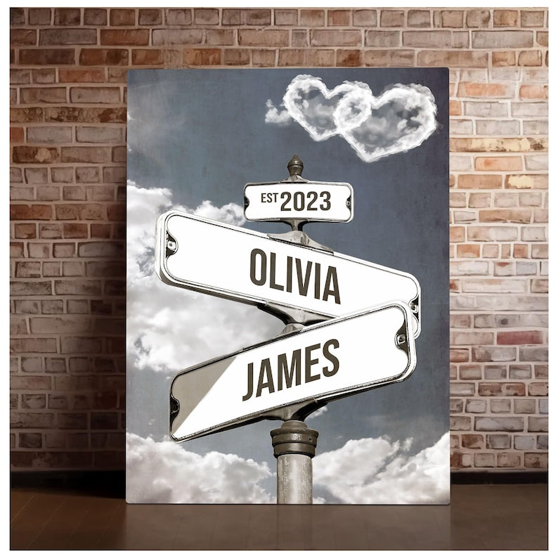 Personalized Name Vintage Street Sign Canvas, Custom Name Date Crossroads Street Sign Wedding Wall Art Ideal Gift For Couples Anniversary