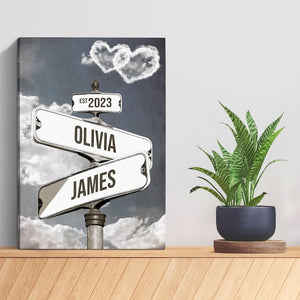 Personalized Name Vintage Street Sign Canvas, Custom Name Date Crossroads Street Sign Wedding Wall Art Ideal Gift For Couples Anniversary