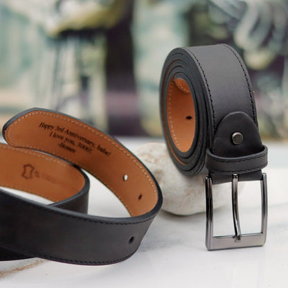 Personalized Men Black Leather Belt, Handcrafted Full Grain Belt, Unique Gift for Boyfriend, Anniversary & Valentine's Day, Custom Name Belt