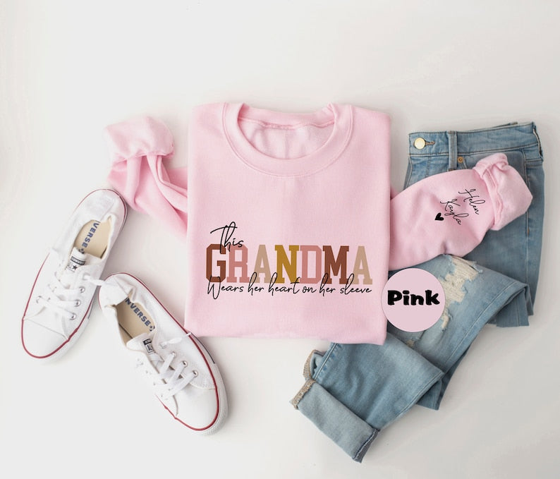 Custom This Grandma Wears Her Heart On Her Sleeve Sweatshirt, Personalized Mimi Hoodie With Grandchilds Names, Nana Outfit, Mothers Day Gift