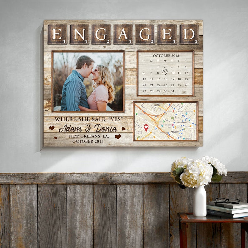 Personalized Engaged Gift | Unique Gift For Newly Engaged | Custom Map Print Engagement Gift Canvas Art