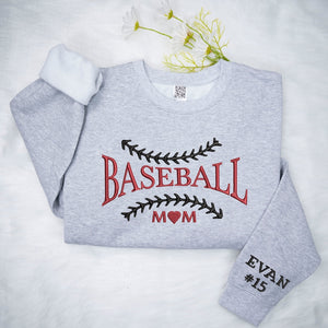 Embroidered Baseball Mom Shirt with Kidnames on Sleeve, Custom Your Name and Number, Proud Senior Mom Crewneck