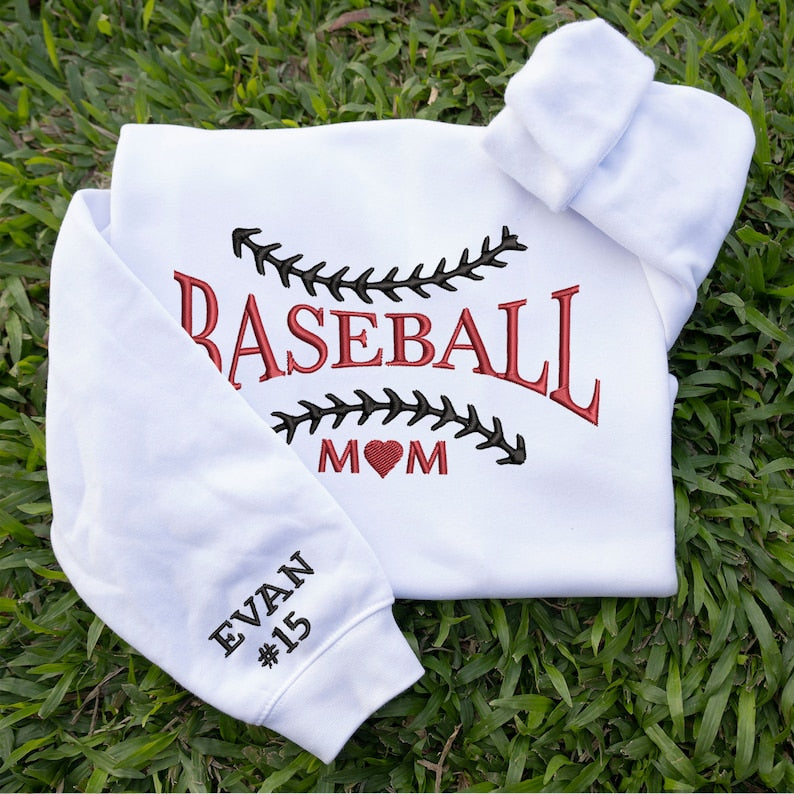 Embroidered Baseball Mom Shirt with Kidnames on Sleeve, Custom Your Name and Number, Proud Senior Mom Crewneck