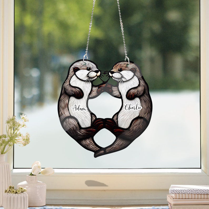 Special gift - Otter Couple Suncatcher Stained Glass window hanging, Otters Window Hangings, Couple gift, Anniversary gift, Bedroom decor, gift for wife