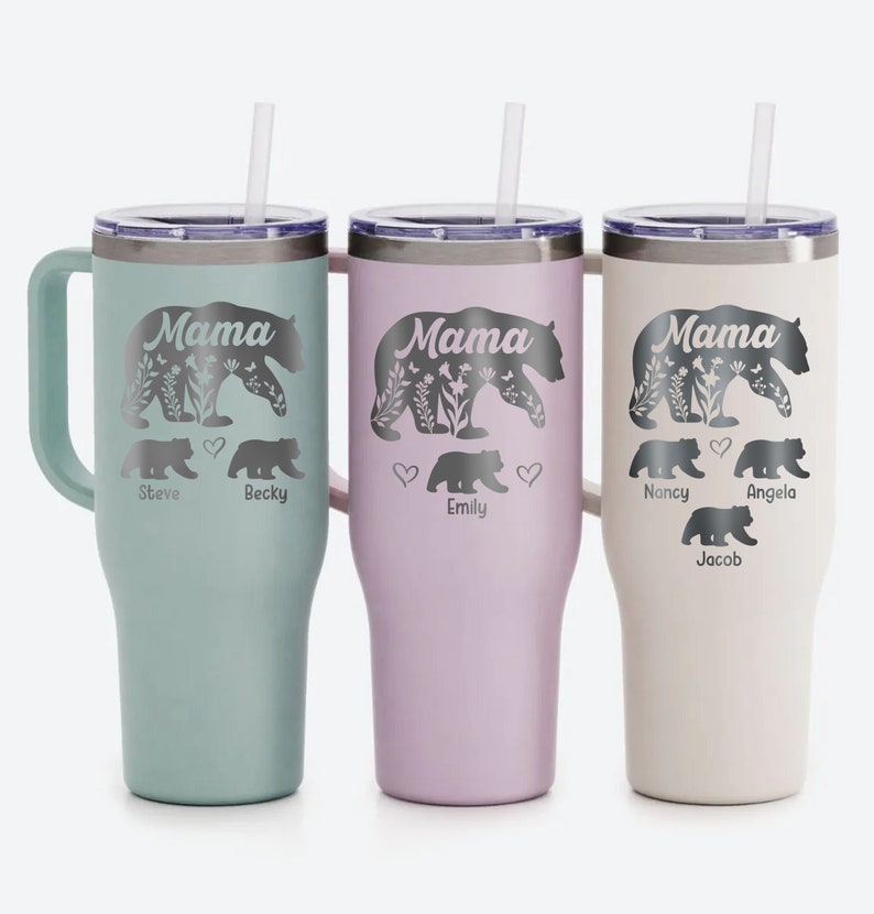 Mama Bear Tumbler Personalized, Mama Bear Tumbler With Cubs, Mama Bear 40oz Tumbler With Handle, Engraved Mama Bear Gift, Mama Bear Cubs
