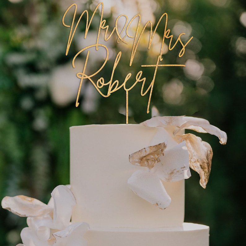Gold Cake topper for Wedding, Rustic wedding cake topper, Custom Mr Mrs cake topper, Anniversary Cake toppers, Personalized cake topper
