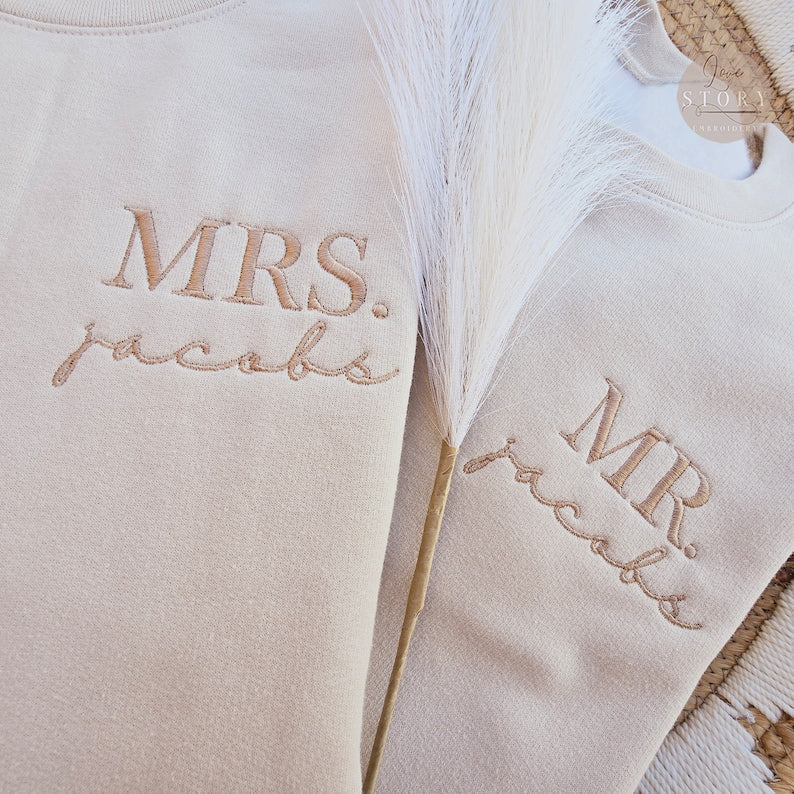 Custom Mrs. Embroidered Sweatshirt, Date On Sleeve, Gift For Bride, Future Mrs. and Mr. Mrs Last Name, Engagement Gift, Hubby Wifey il_794xN.5808114893_447k.jpg