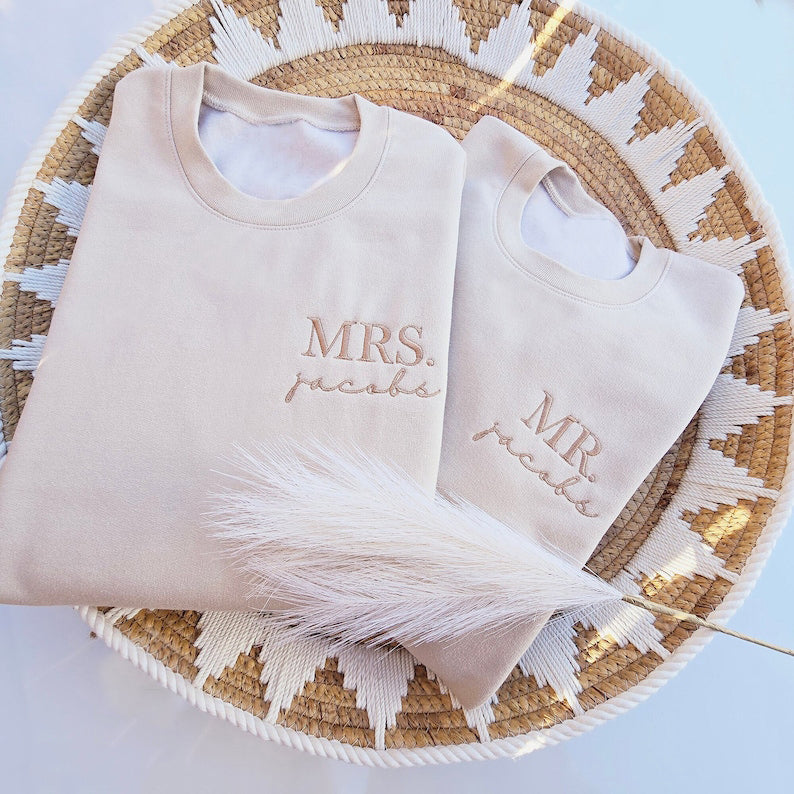 Custom Mrs. Embroidered Sweatshirt, Date On Sleeve, Gift For Bride, Future Mrs. and Mr. Mrs Last Name, Engagement Gift, Hubby Wifey il_794xN.5808123517_nahx.jpg