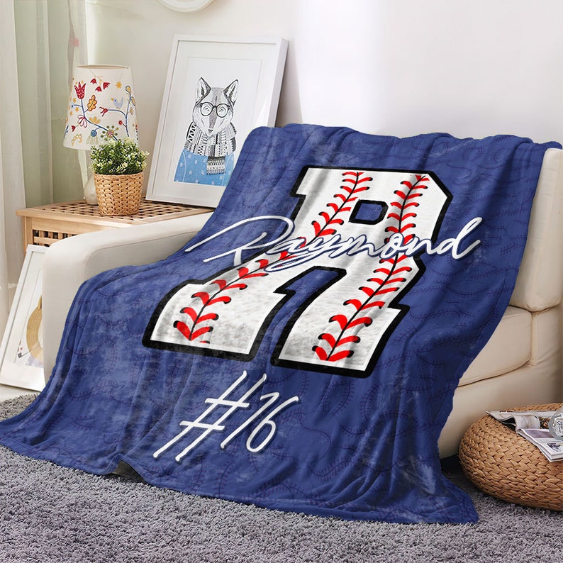 Personalized Baseball Blanket, Baseball Player Blanket, Custom Name Number Soft Cozy Fleece Throw Blankets, Gift for Son, Dad, Team