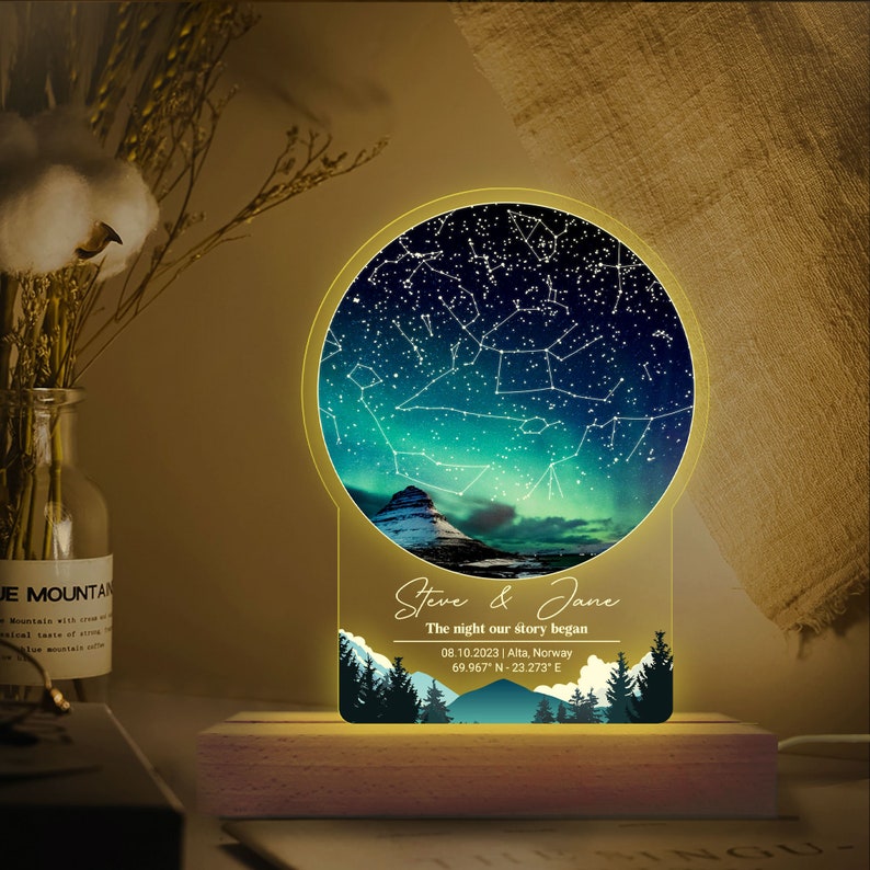 Personalized Star Map 3D Multicolor Led Light Wooden Base, Custom Star Map Night Light, Anniversary Gifts, Valentines Day Gift, Couples Gift