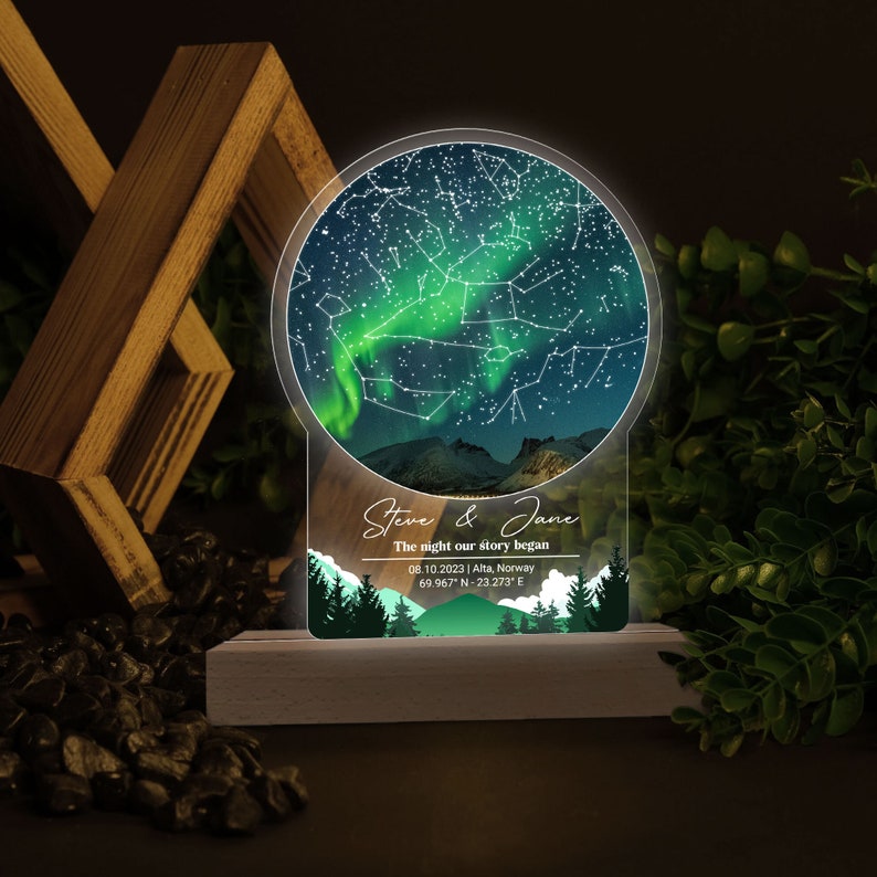 Personalized Star Map 3D Multicolor Led Light Wooden Base, Custom Star Map Night Light, Anniversary Gifts, Valentines Day Gift, Couples Gift