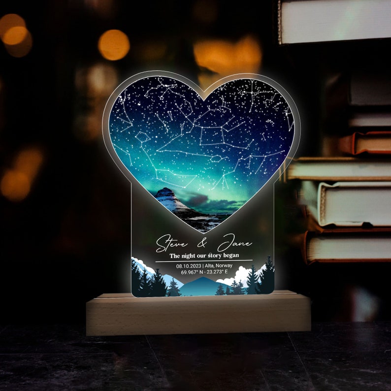 Custom Star Map By Date 3D Multicolor Led Light Wooden Base, Personalized Couples Gift, Anniversary Gift For Her & Him, Valentine's Day Gift