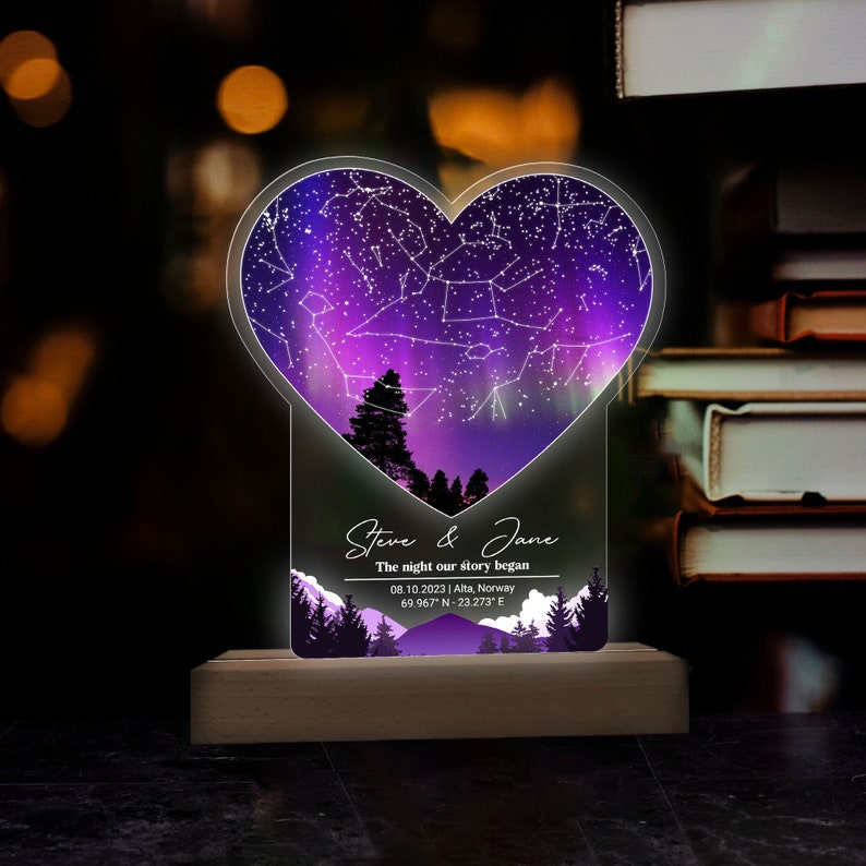 Custom Star Map By Date 3D Multicolor Led Light Wooden Base, Personalized Couples Gift, Anniversary Gift For Her & Him, Valentine's Day Gift