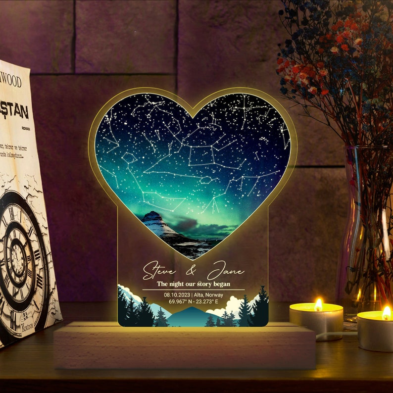 Custom Star Map By Date 3D Multicolor Led Light Wooden Base, Personalized Couples Gift, Anniversary Gift For Her & Him, Valentine's Day Gift