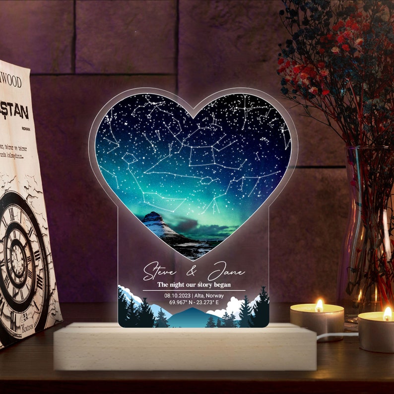 Custom Star Map By Date 3D Multicolor Led Light Wooden Base, Personalized Couples Gift, Anniversary Gift For Her & Him, Valentine's Day Gift