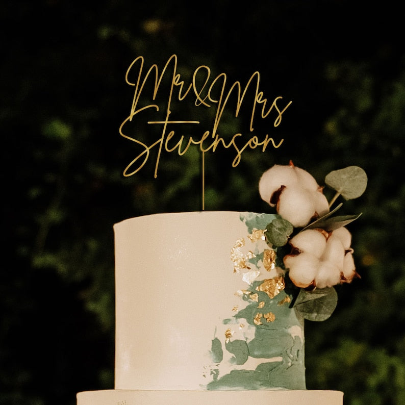 Gold Cake topper for Wedding, Rustic wedding cake topper, Custom Mr Mrs cake topper, Anniversary Cake toppers, Personalized cake topper