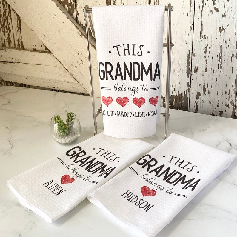 Personalized Grandma Microfiber Waffle Kitchen Towel: Custom Names Gift