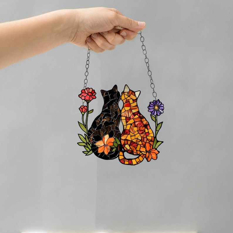 Personalized cat Window Hanging, Acrylic Poppy Flowers Wall Window Hanging Art Decoration, Cat home decor, Gift for mom, cat lovers