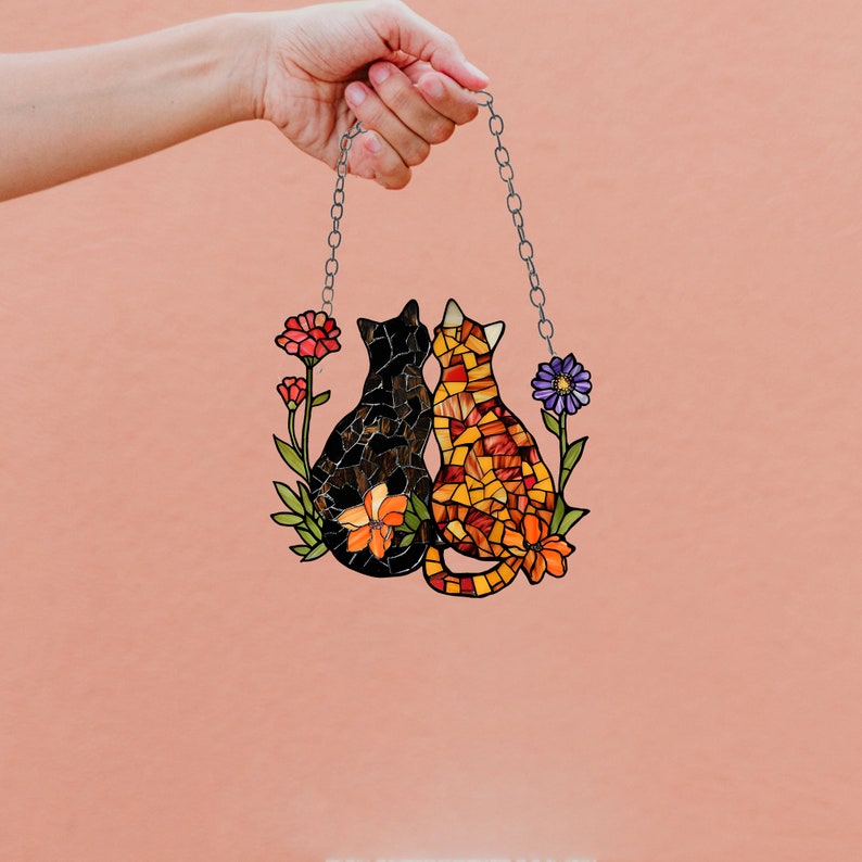 Personalized cat Window Hanging, Acrylic Poppy Flowers Wall Window Hanging Art Decoration, Cat home decor, Gift for mom, cat lovers