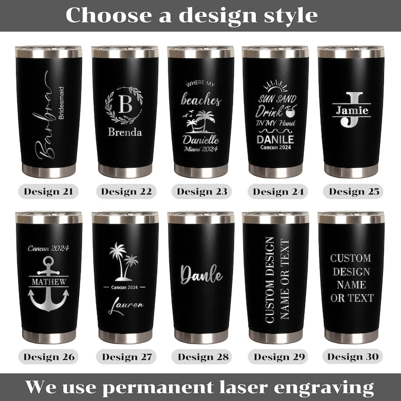 Personalized 20 oz Tumbler, Custom Name Travel Mug, Laser Engraved Tumbler, Stainless Steel water cup, Bridesmaid Tumbler, Insulated Tumbler