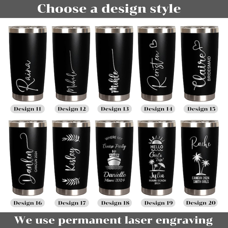 Personalized 20 oz Tumbler, Custom Name Travel Mug, Laser Engraved Tumbler, Stainless Steel water cup, Bridesmaid Tumbler, Insulated Tumbler