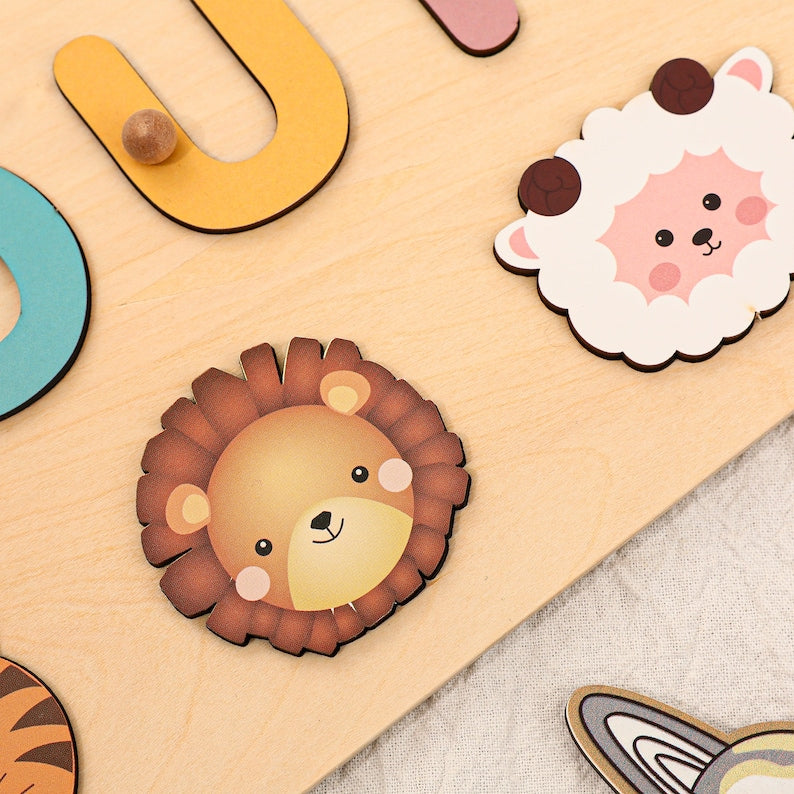 Animals Personalized Busy Board Puzzles for Learning and Play,Custom Wooden Baby Name Puzzle,Montessori Toddler Toys,Baby Boys Girls Gifts