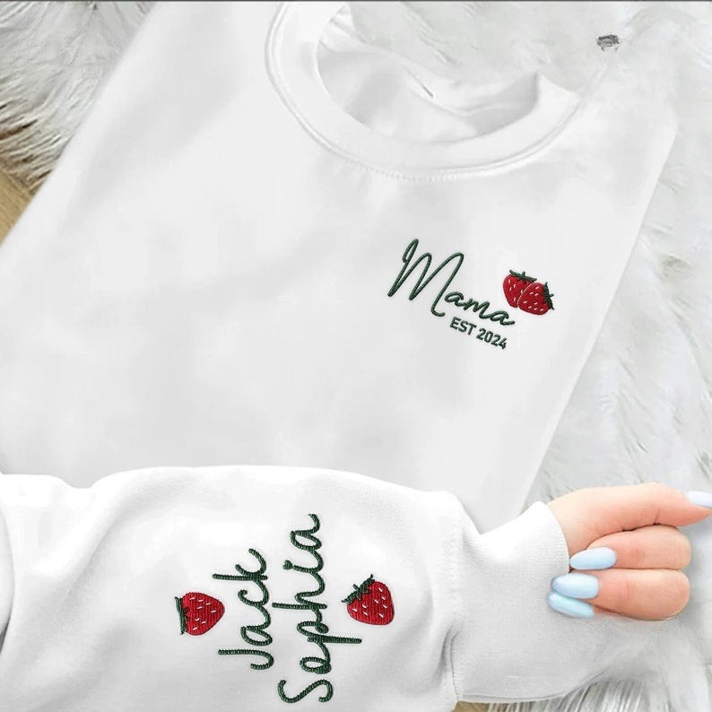 Custom Name Strawberry Mama Embroidered Sweatshirt, Strawberries Fruit Embroidered Outfit Mothers Day Gift Ideas for Mommy