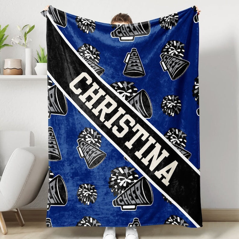 Cheer Pom Pom and Megaphone Custom Name Blanket, Personalized Gift for Cheerleader, Senior Gift, Gift For Daughter, Sister, Grandkids