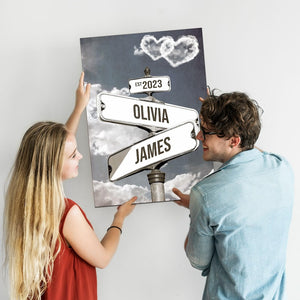 Personalized Name Vintage Street Sign Canvas, Custom Name Date Crossroads Street Sign Wedding Wall Art Ideal Gift For Couples Anniversary