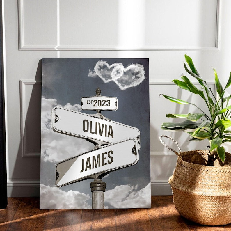 Personalized Name Vintage Street Sign Canvas, Custom Name Date Crossroads Street Sign Wedding Wall Art Ideal Gift For Couples Anniversary