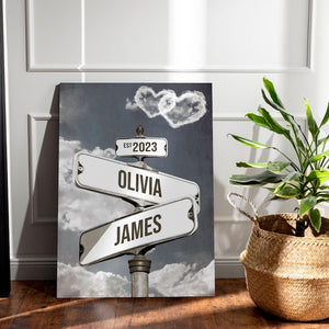 Personalized Name Vintage Street Sign Canvas, Custom Name Date Crossroads Street Sign Wedding Wall Art Ideal Gift For Couples Anniversary