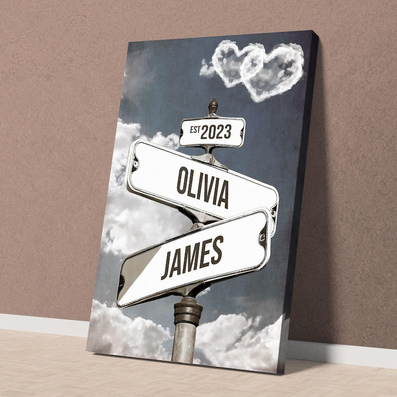 Personalized Name Vintage Street Sign Canvas, Custom Name Date Crossroads Street Sign Wedding Wall Art Ideal Gift For Couples Anniversary