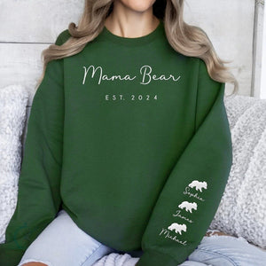 Custom Embroidered Mama Bear Est Sweatshirt with Kid Names, Funny Mother Day Gift for Mom, Personalized Name on Sleeve New Mom Gift