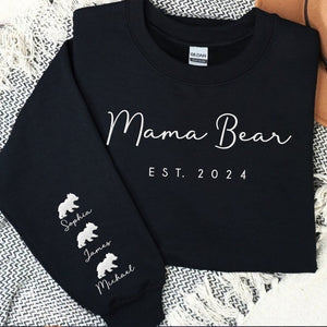 Custom Embroidered Mama Bear Est Sweatshirt with Kid Names, Funny Mother Day Gift for Mom, Personalized Name on Sleeve New Mom Gift