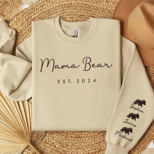 Custom Embroidered Mama Bear Est Sweatshirt with Kid Names, Funny Mother Day Gift for Mom, Personalized Name on Sleeve New Mom Gift