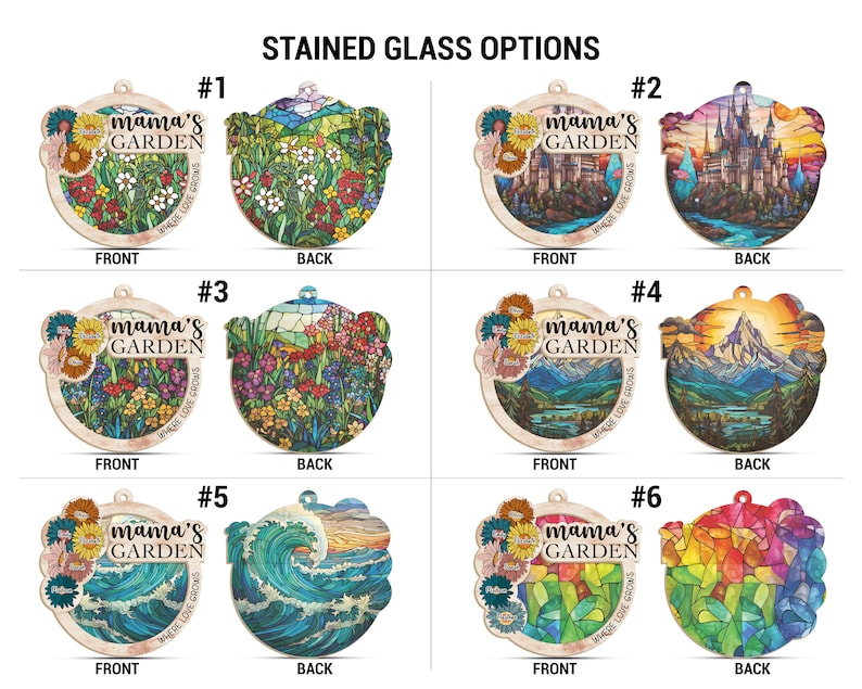 Nana's Garden Suncatchers Gift, Personalized Mama, Nana, Grandma, Mimi Gift, Custom Stained Glass Art & Wood Suncatchers, Mothers Day Gift