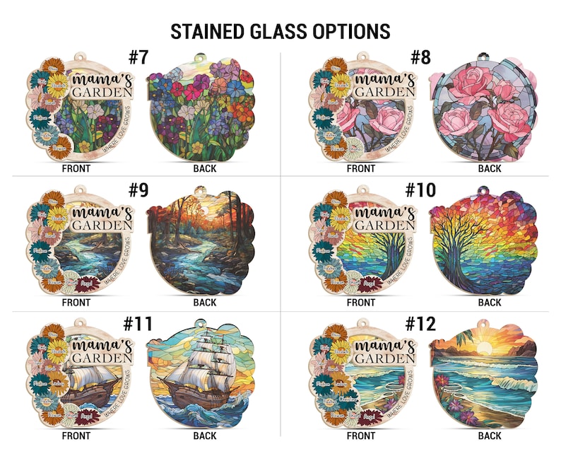 Nana's Garden Suncatchers Gift, Personalized Mama, Nana, Grandma, Mimi Gift, Custom Stained Glass Art & Wood Suncatchers, Mothers Day Gift