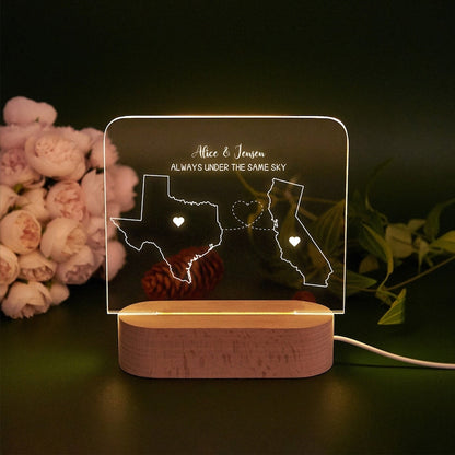Custom Two Map Night Light, Always Under The Same Sky, Long Distance Relationship Lamp, Going Away Gift, Couple Gift Valentine's Day Gifts